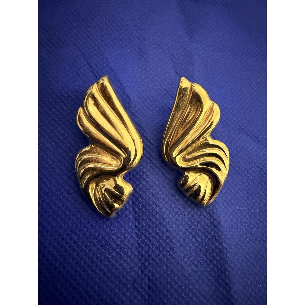 Vintage 90s Gold Tone Asymmetrical Wave Stud Earrings 1.5" Statement Modern Boho